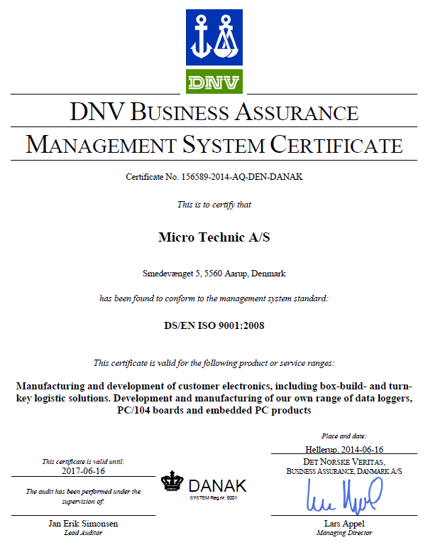 Our ISO9001 certificate from 2014